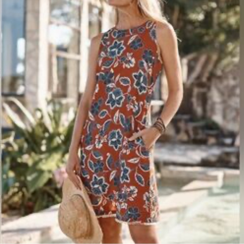 Garnet Hill 100% Linen Dress Floral Rust Brown Sleeveless Shift Dress Size 4